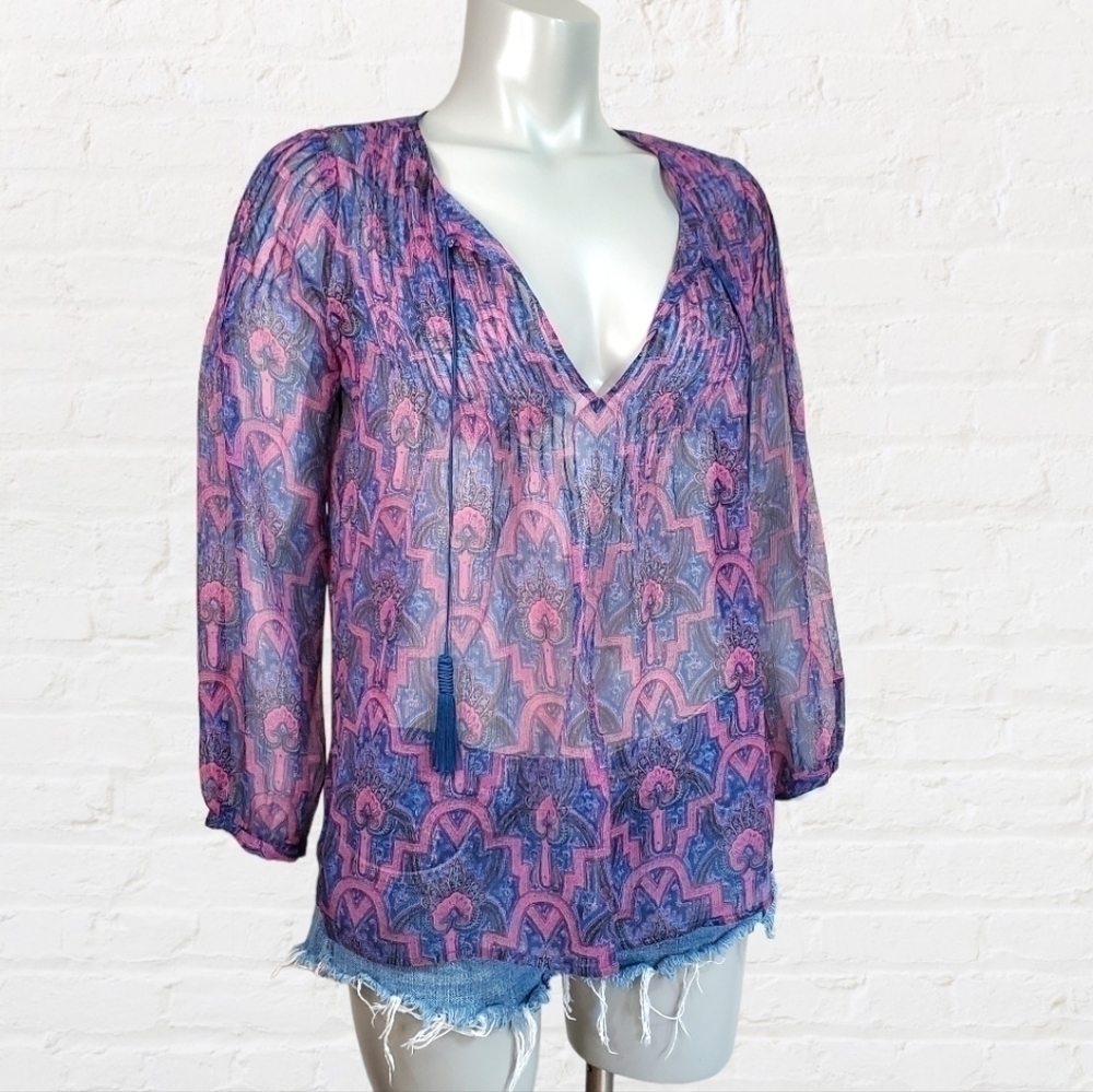 𝅺joie Bohemian Sheer Paisley Print Silk Pop Over Blouse Size XXS